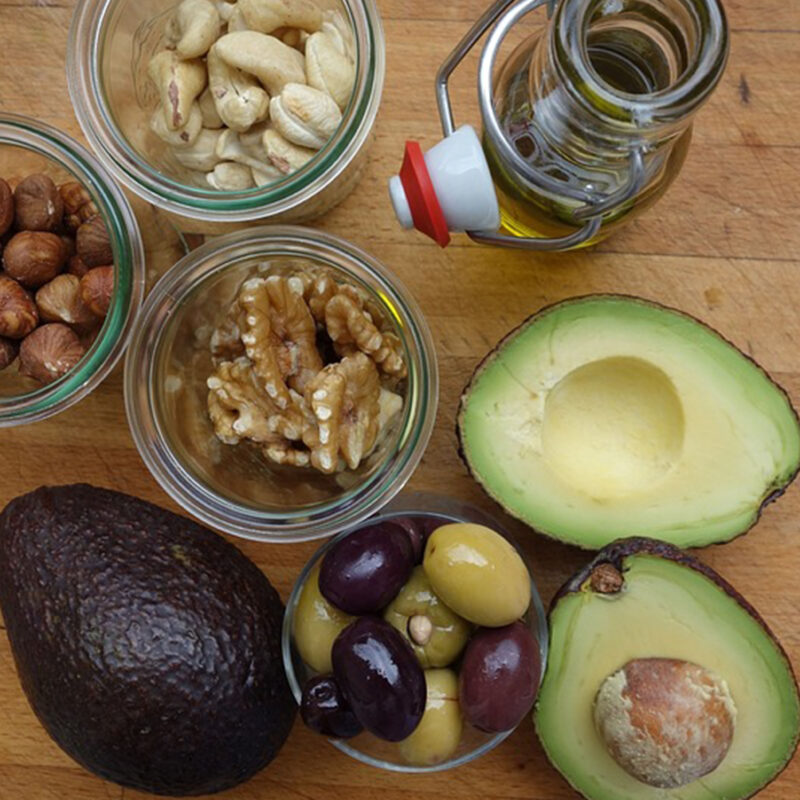 Avocado, olives, nuts, olive oil