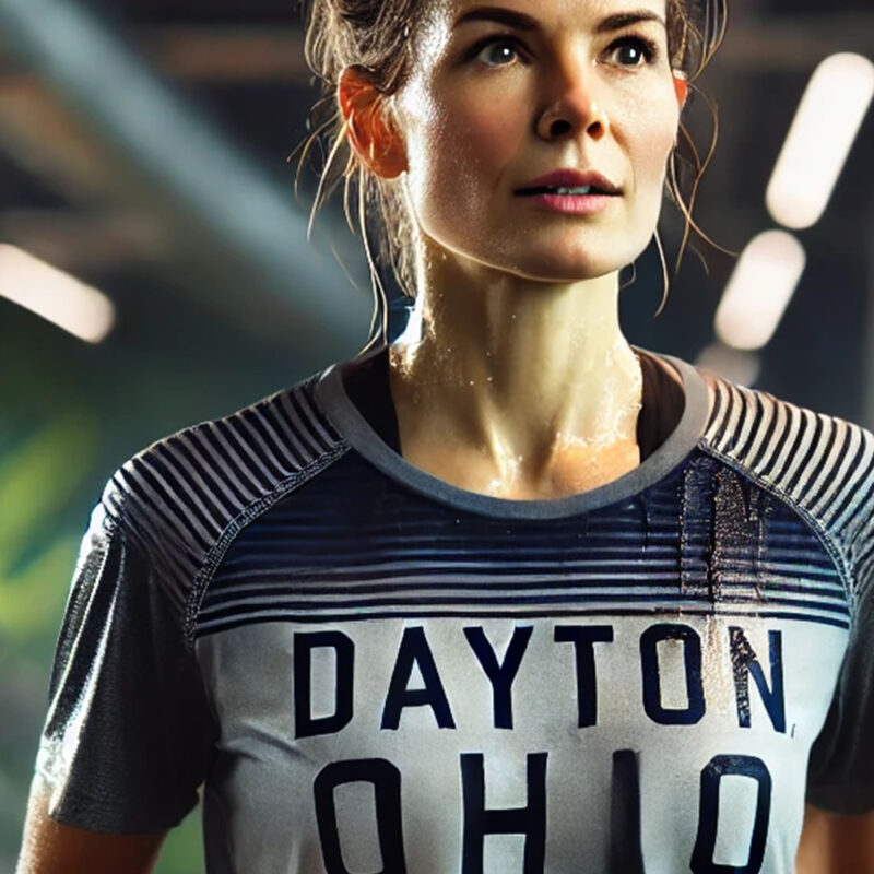 Fit Woman Working Out in Gym Wearing Dayton, Ohio Shirt