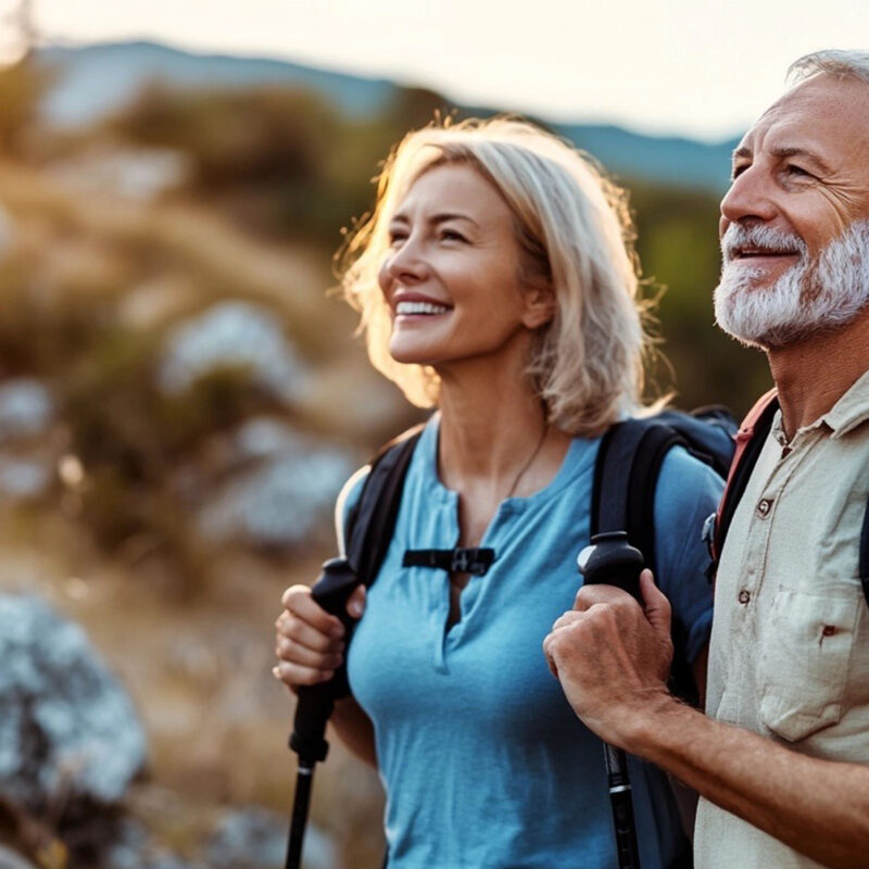 Middle-Aged Couple Hiking and Smiling