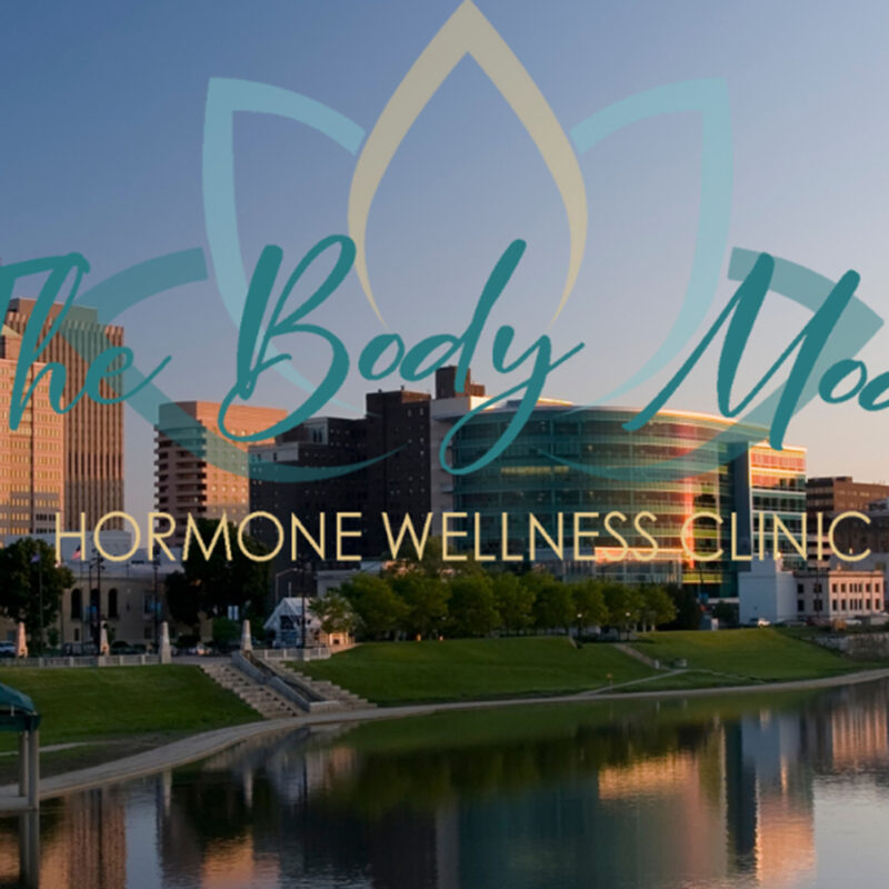 The Body Mod Hormone Wellness Clinic Overtop Skyline of Dayton, Ohio and Great Miami River