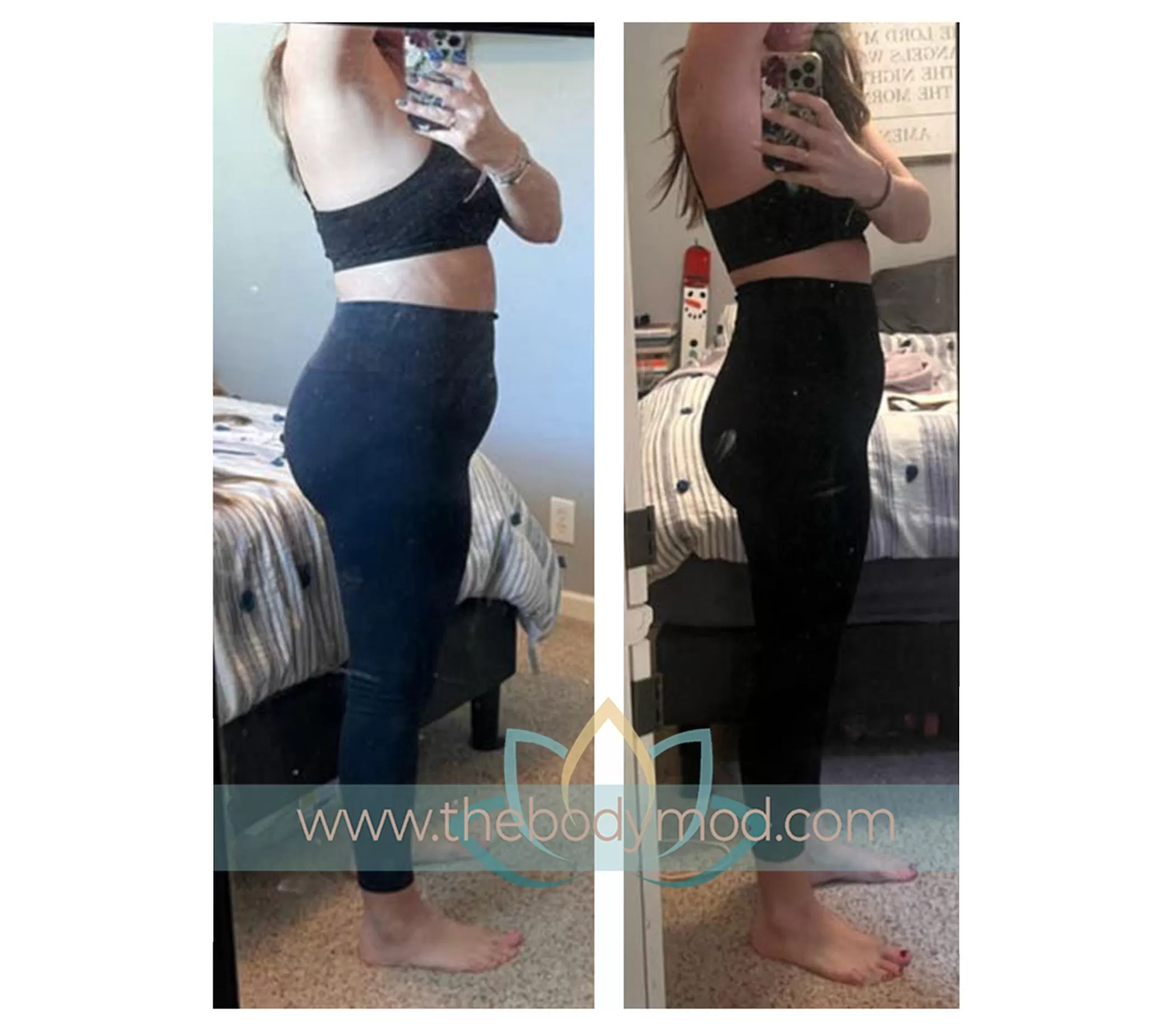 Side Profile of Woman in Mirror Taking Selfies Showing Weight Loss