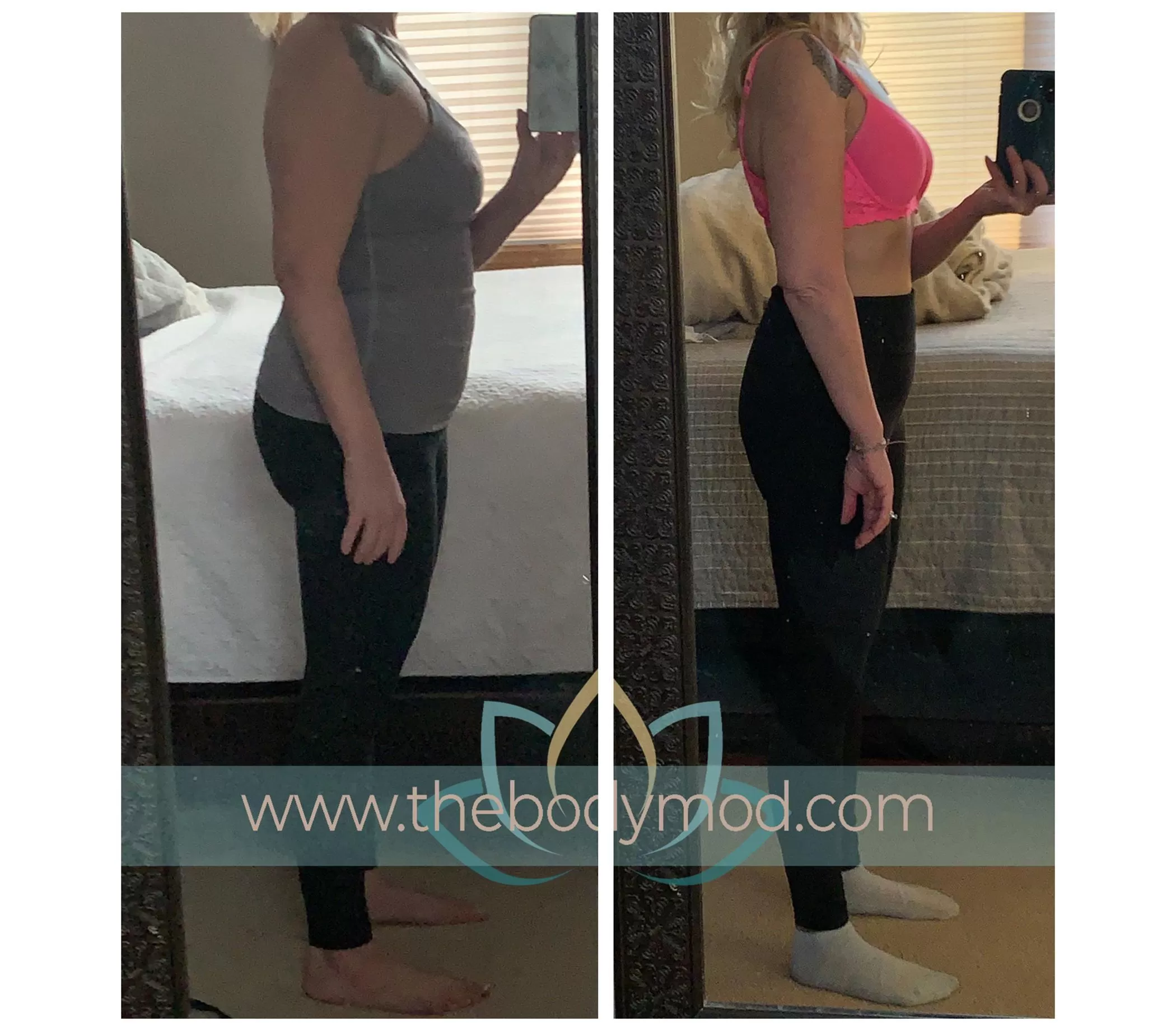 Side Profile of Woman in Mirror Taking Selfie of Before and After Weight Loss